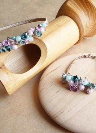 Обруч и браслет с цветами, фиолетово бирюзовый обруч, подарок девочке, украшение для волос2 фото
