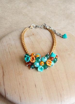 Бирюзово оранжевый браслет с цветами, украшение на руку, подарок девочке