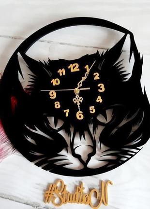 Годинник авторські із дерева 'морда чорного кота'настінні 40 см1 фото