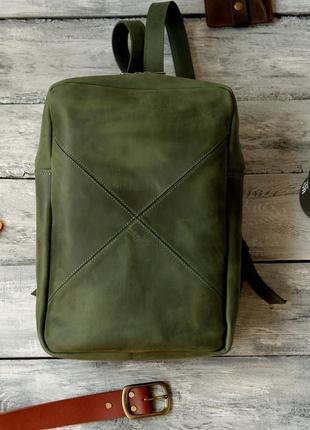 Зеленый кожаный рюкзак под ноут3 фото