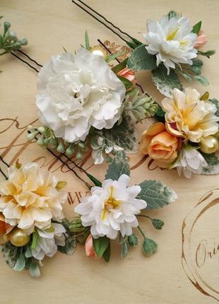 Весільні шпильки персикові з білим аксесуари для весільної зачіски квіти в зачіску нареченої4 фото