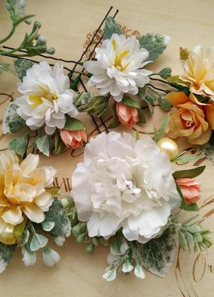 Свадебные шпильки персиковые с белым аксессуары для свадебной прически цветы в прическу невесты6 фото