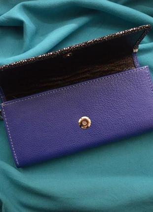 Синий женский кожаный кошелек-клатч3 фото