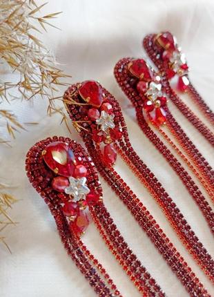 Яркие длинные сережки красного цвета, серьги swarovski6 фото