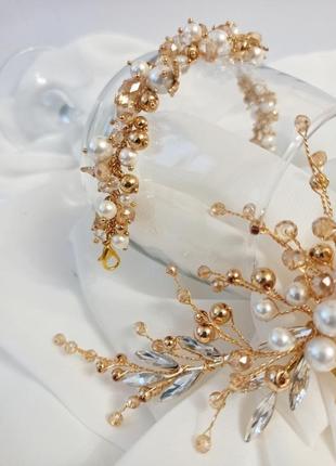 Весільне прикраси, гребінь в зачіску нареченої золотого кольору, ювелірна дріт, перламутр2 фото