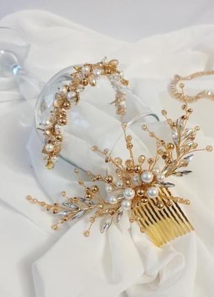 Весільне прикраси, гребінь в зачіску нареченої золотого кольору, ювелірна дріт, перламутр3 фото