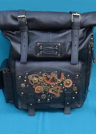 Черный кожаный рюкзак "стимпанк" со скруткой3 фото