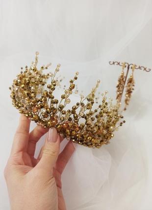Набір прикраc корона + сережки "королівський шарм" золотого кольору3 фото