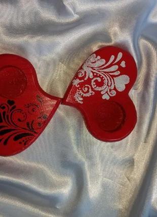 Набір дерев'яних підсвічників у вигляді двох сердець, валентинки з розписом2 фото
