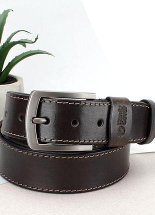 Ремень мужской кожаный со строчкой handycover hc0072 коричневый (новая пряжка) (130 см)