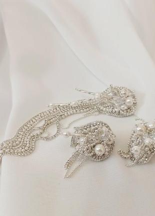 Асиметричні сережки з страз білого кольору, весільні сережки, моно сережка 12 см, сет з трьох сережо2 фото