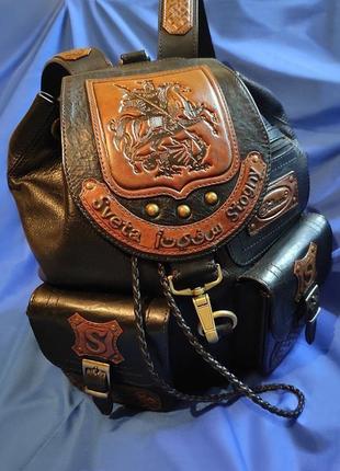 Іменний чорний шкіряний рюкзак "св.юрій змієборець"1 фото