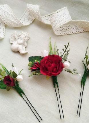 Шпильки весільні у кольорі бургунді шпильки з квітами шпильки для зачіски4 фото