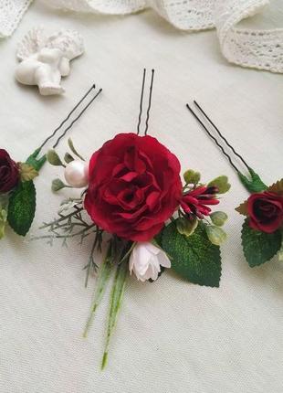 Шпильки весільні у кольорі бургунді шпильки з квітами шпильки для зачіски1 фото
