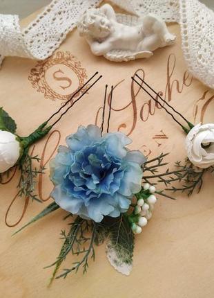 Шпильки весільні у голубому кольорі шпильки з квітами шпильки для зачіски2 фото
