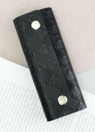 Подарунковий чоловічий набір №64 "тризуб": обкладинка на паспорт + ключниця (чорний)7 фото