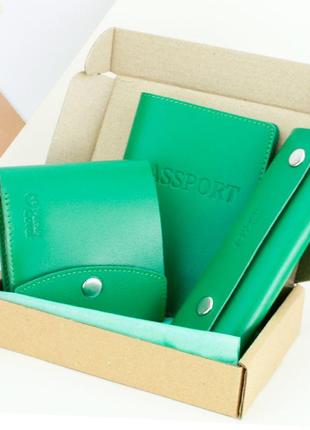 Подарочный набор женский handycover №54 (зеленый) кошелек + ключница + обложка на паспорт1 фото