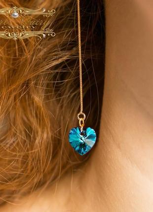 Позолочені сережки серце кристали swarovski кольору bermuda blue4 фото