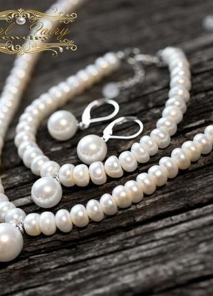Комплект з натуральних перлів та підвісок з перлів майорки1 фото