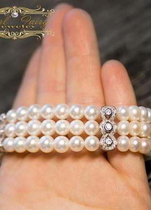Браслет з натуральних білих перлів і цирконів2 фото