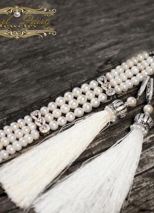Браслет з натуральних білих перлів і цирконів3 фото