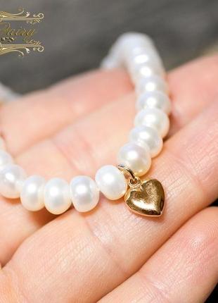 Браслет из натурального белого жемчуга и позолоты сердце