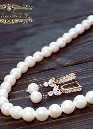 Комплект з натуральних великих перлів у позолоті кольє і сережки1 фото