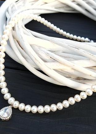 Натуральні перли, срібло та циркони кольє святкове весільне