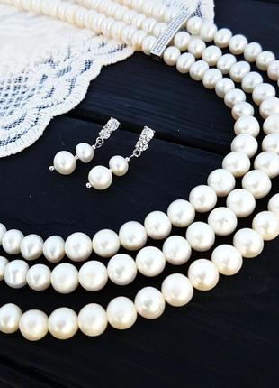 Сережки з натуральних перлів з кристалами4 фото