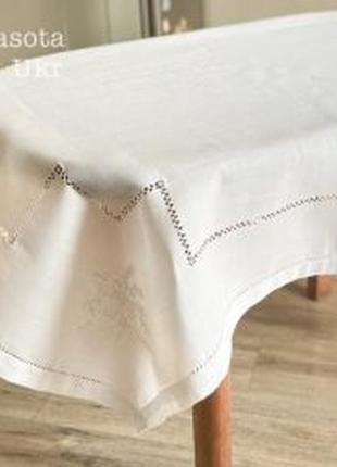 Скатертина білого кольору з мінімалістичною вишивкою (110*160 см) #883-tablecloth-692 фото