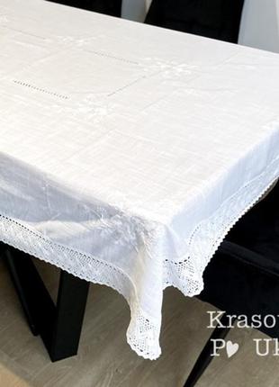 Скатертина на стіл з лляним мереживом та вишивкою “білим по білому” (1,5*2,2 м)-tablecloth-21 фото
