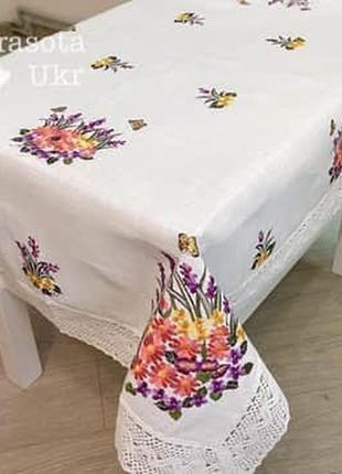 Скатертина #036 білий льон 1,1*1,6 м з вишивкою “квітковий букет”- tablecloth-882 фото