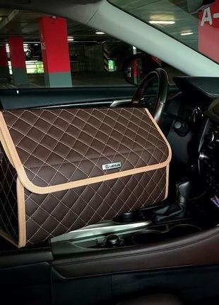 Органайзер в багажник авто от carbag коричневый с белой строчкой и бежевой окантовкой4 фото