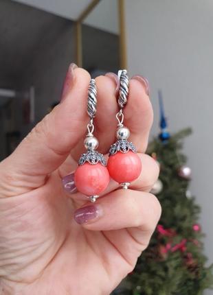 Сережки срібні  "рожевий корал".2 фото