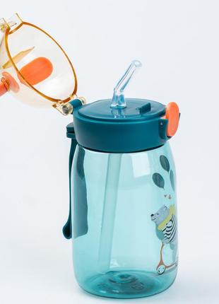 Детская бутылка для воды с трубочкой 500 мл с крышкой флип топ "медвежонок" синяя2 фото