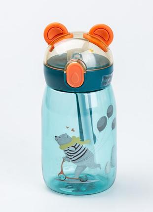 Детская бутылка для воды с трубочкой 500 мл с крышкой флип топ "медвежонок" синяя1 фото