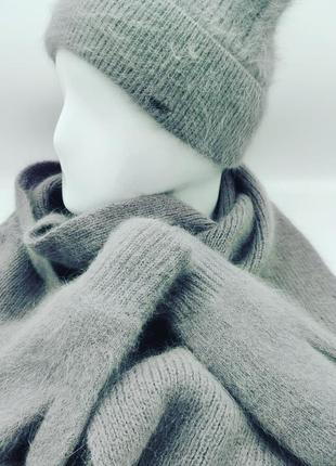 Зимові ангорові комплект шапка, шарф і рукавиці сталевий