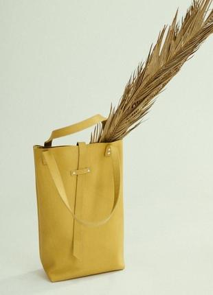 Жовтий шоппер з натуральної шкіри, жіноча шкіряна сумка (гірчична)2 фото