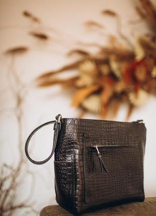 Сумка "croco" з натуральної шкіри, жіноча шкіряна сумка на плече, чорна сумка крокодил3 фото