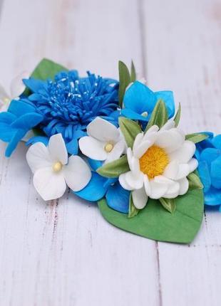 Заколка з квітами біло-синя1 фото