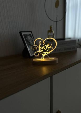 Ночник "love" сердце 15/13 см. с питанием от usb (5v), на натуральной деревянной подставке, d с1 фото