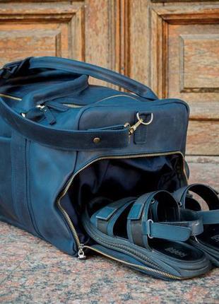 Кожаная спортивная сумка с отделом для обуви, дорожная сумка синяя кожа