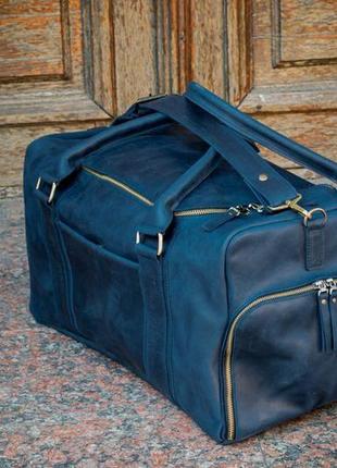 Кожаная спортивная сумка с отделом для обуви, дорожная сумка синяя кожа