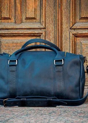 Кожаная спортивная сумка с отделом для обуви, дорожная сумка синяя кожа