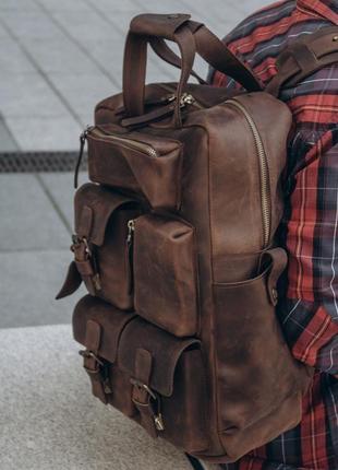 Коричневий рюкзак чоловічий з натуральної шкіри, шкіряний рюкзак для ноутбука з кишенями4 фото