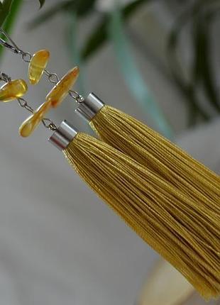 Сережки-кисті золотисті з натуральним бурштином "сльози богів"