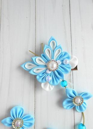 Блакитне святкова прикраса для волосся шпилька канзаші з метеликом на фотосесію подарунок дівчинці2 фото