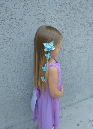 Голубое праздничное украшение для волос заколка канзаши с бабочкой на фотосессию подарок девочке7 фото