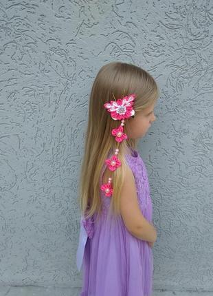 Розовая заколка с бабочками на фотосессию украшение канзаши для волос подарок девочке на праздник6 фото
