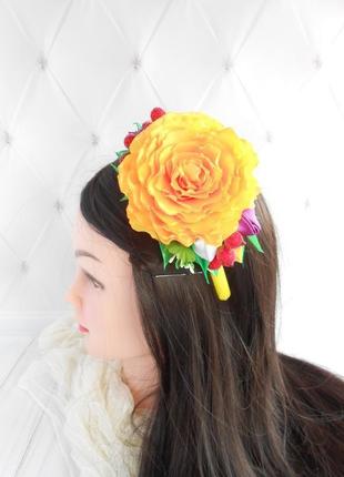 Ободок с розой на фотосессию обруч на голову с цветами в подарок желтое украшение для волос девочке5 фото